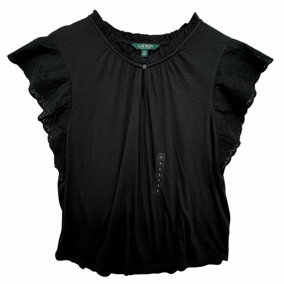 Lauren Ralph Lauren Womens L Eyelet Ruffle Short Sleeve Top Black Cotton Capsule - Picture 2 of 10